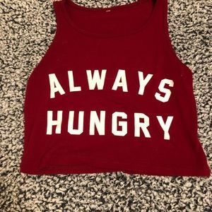 red “always hungry” shirt